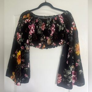 Tropical Flower Bell Sleeve Smocked Crop Top